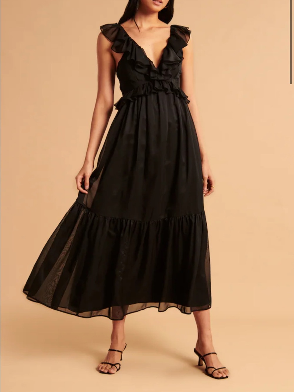 Abercrombie & Fitch Whimsical Black Ruffled V‑Neck Maxi Dress